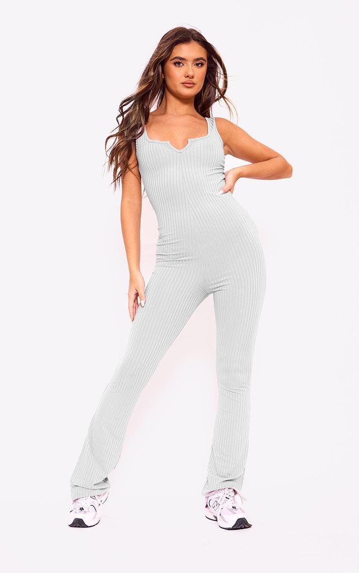 Grey Lettuce Hem Rib Scoop Neck Jumpsuit Product Image