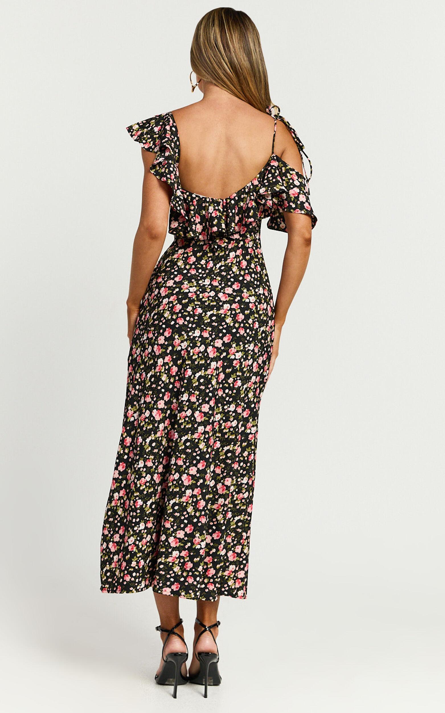 Giulia Midi Dress - One Shoulder Frill Detail Dress in Black Floral Product Image