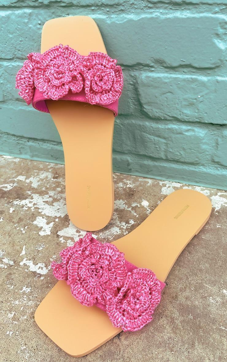 Pink Square Toe Crochet Flower Flat Sandals Product Image