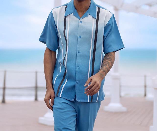 Light Blue Gradient Color with Stripes Walking Suit 2 Piece Short Sleeve Set Product Image