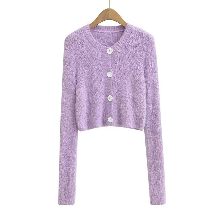 V-Neck Button-Up Plain Crop Cardigan Product Image