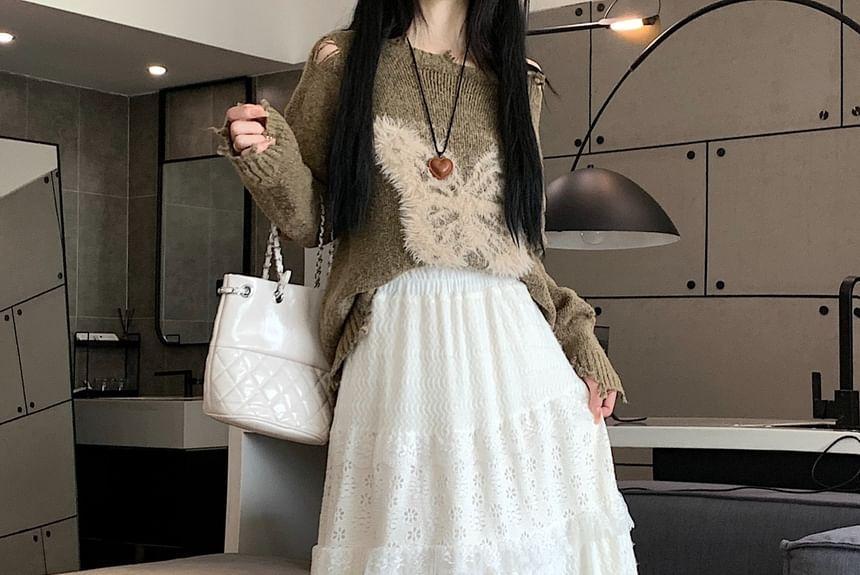 Elastic Waist Lace Panel Tiered Midi A-Line Skirt Product Image