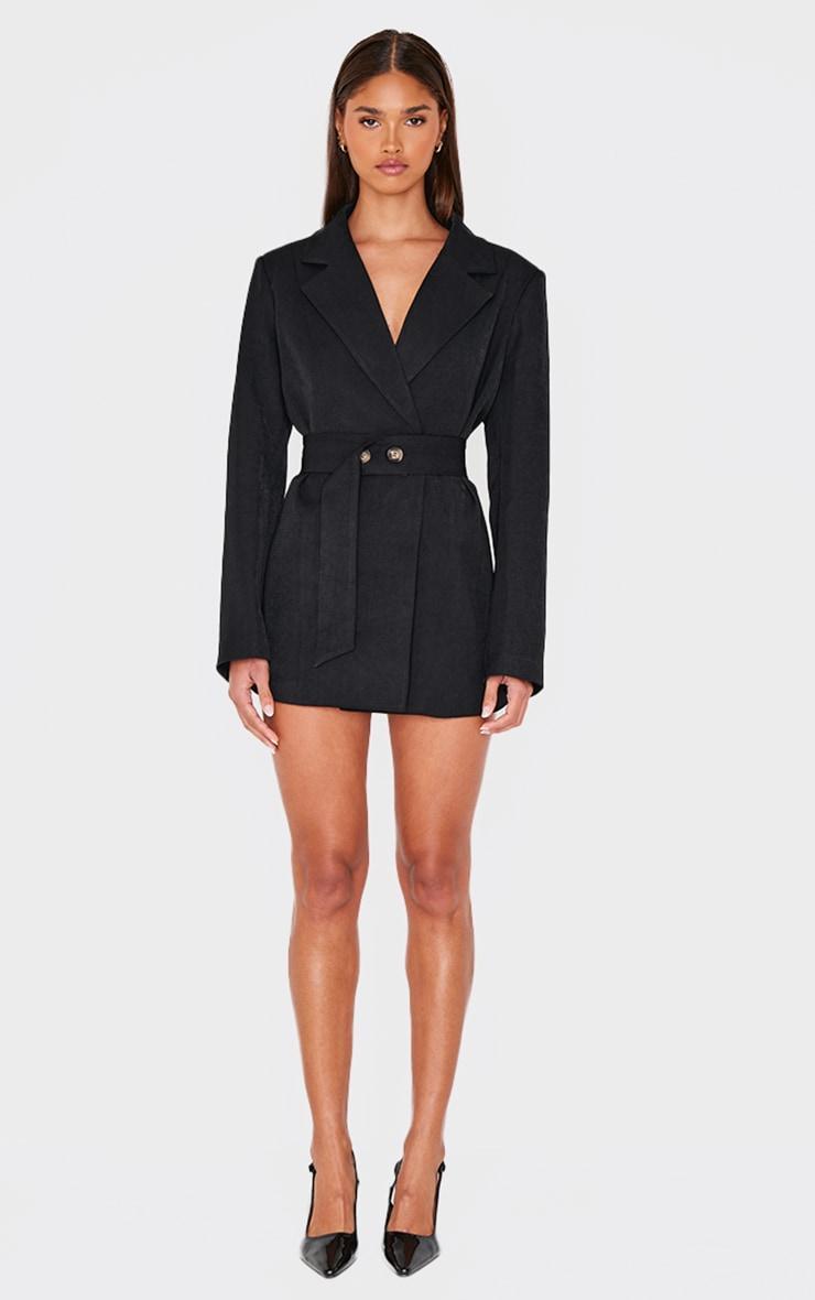 Black Structured Belted Blazer Dress Product Image