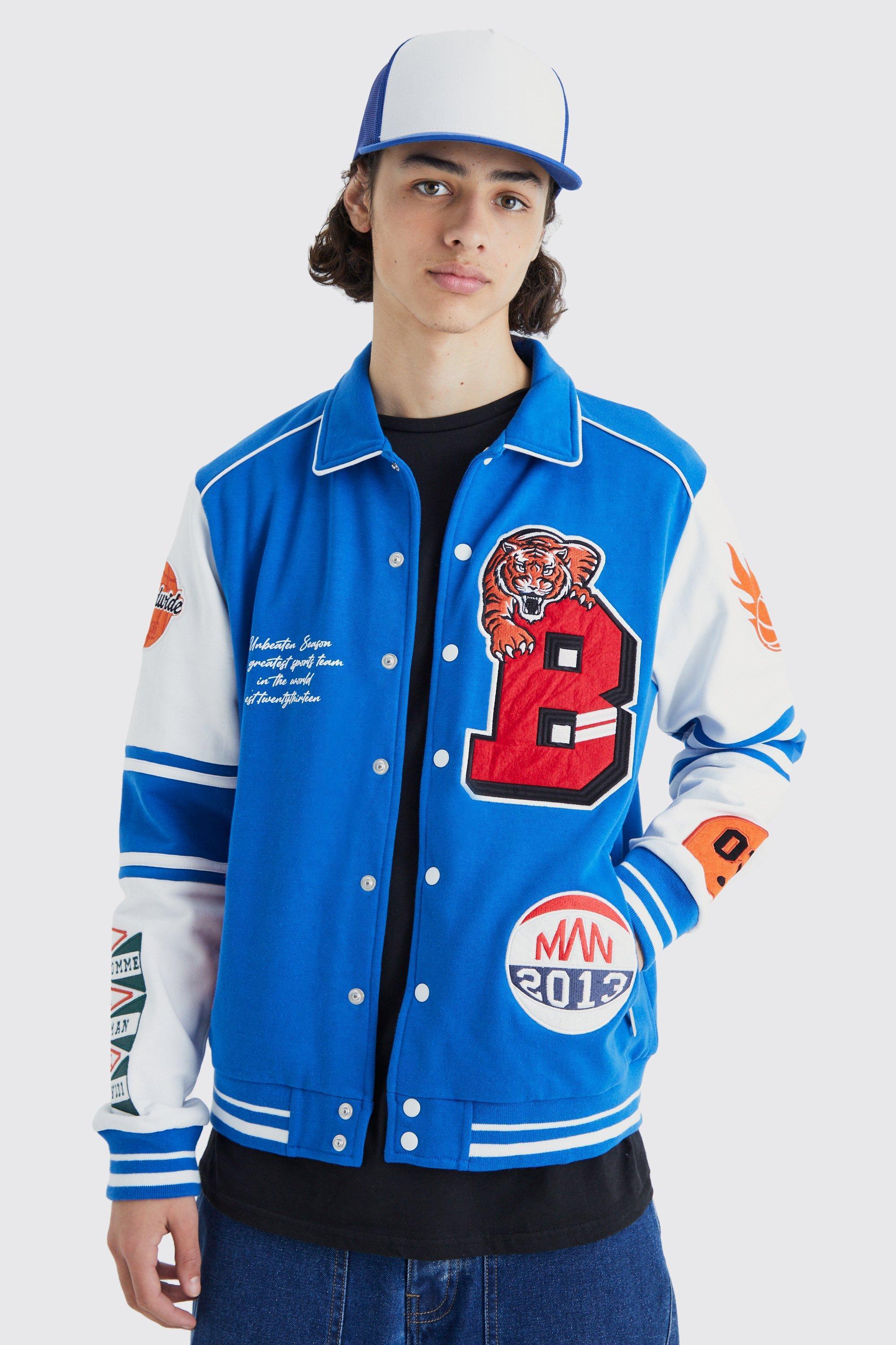 Mens Blue Jersey Harrington Varsity Jacket, Blue Product Image