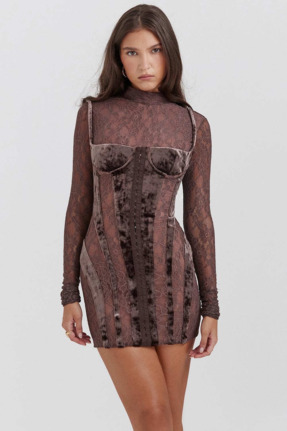 Marica Brown Velvet & Lace Corset Dress Product Image