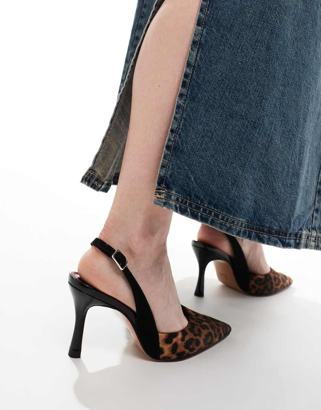 ASOS DESIGN Wide Fit Samber slingback stiletto heels in black and leopard Product Image