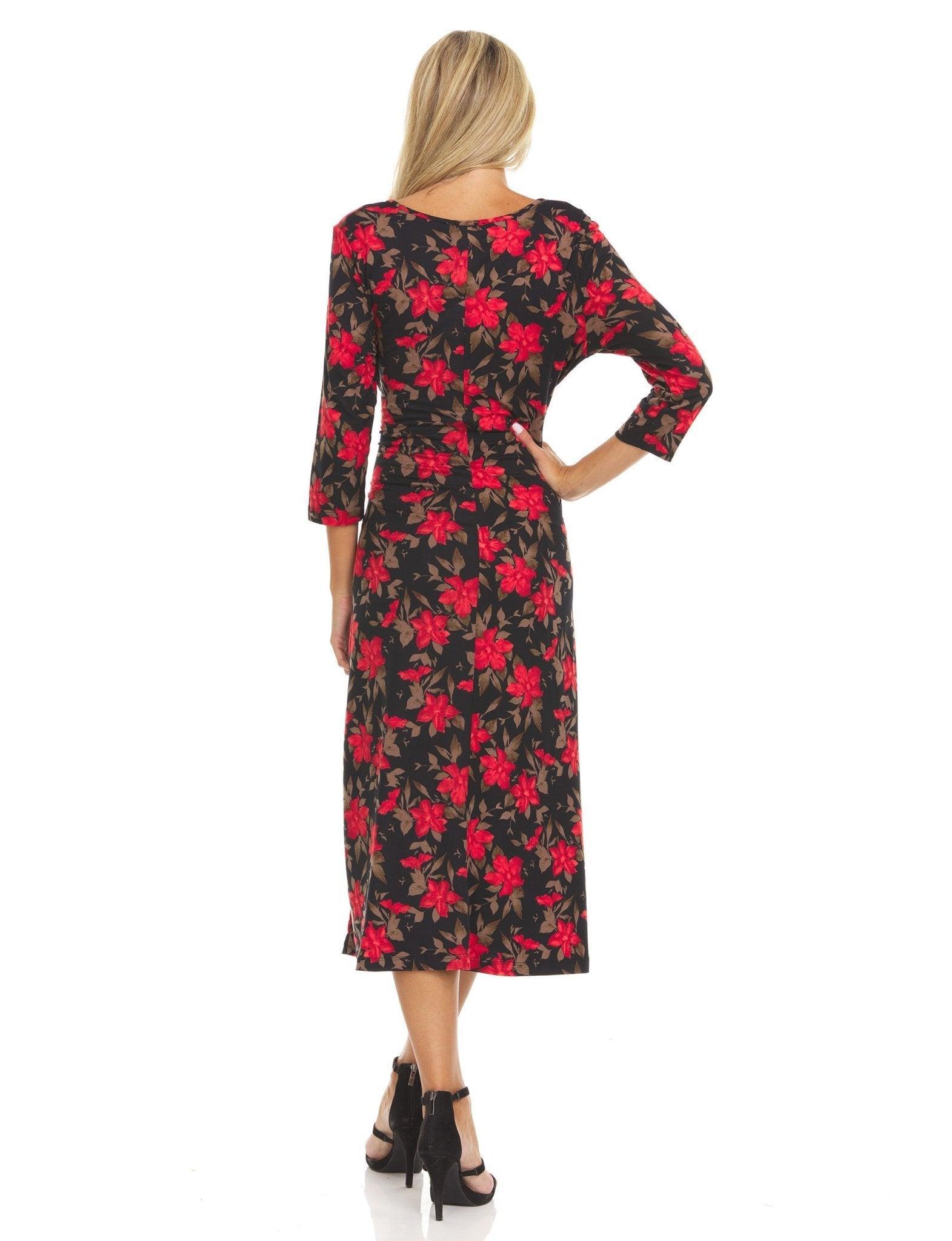 Three quarter sleeve crew neck printed A line midi dress with selt tie belt Product Image