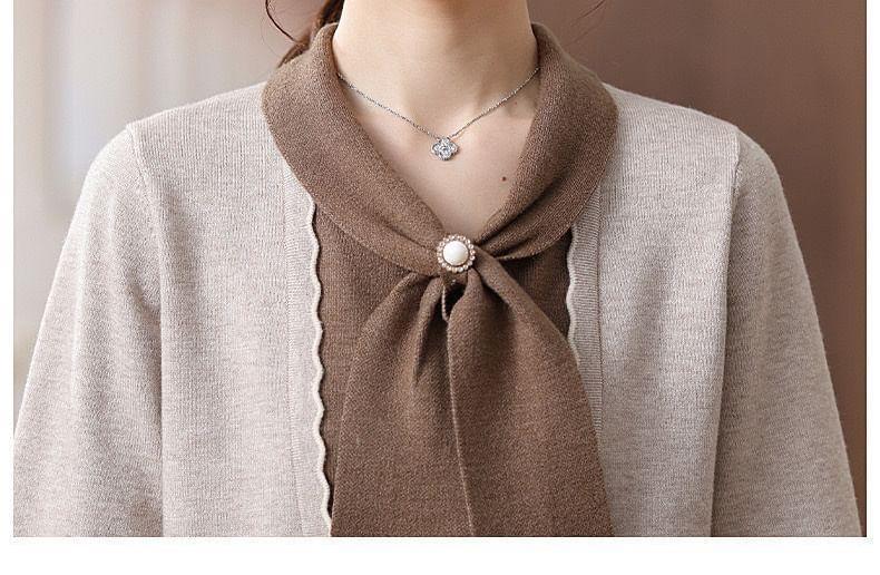 Long-Sleeve Tie Neck Two Tone Knit Top Product Image