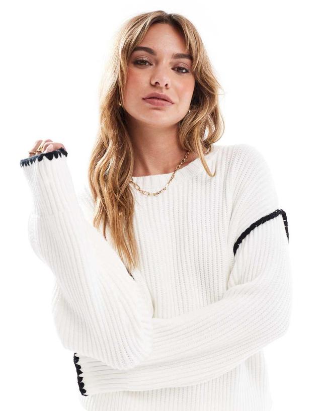 4th & Reckless contrast stitch dropped shoulder sweater in cream Product Image