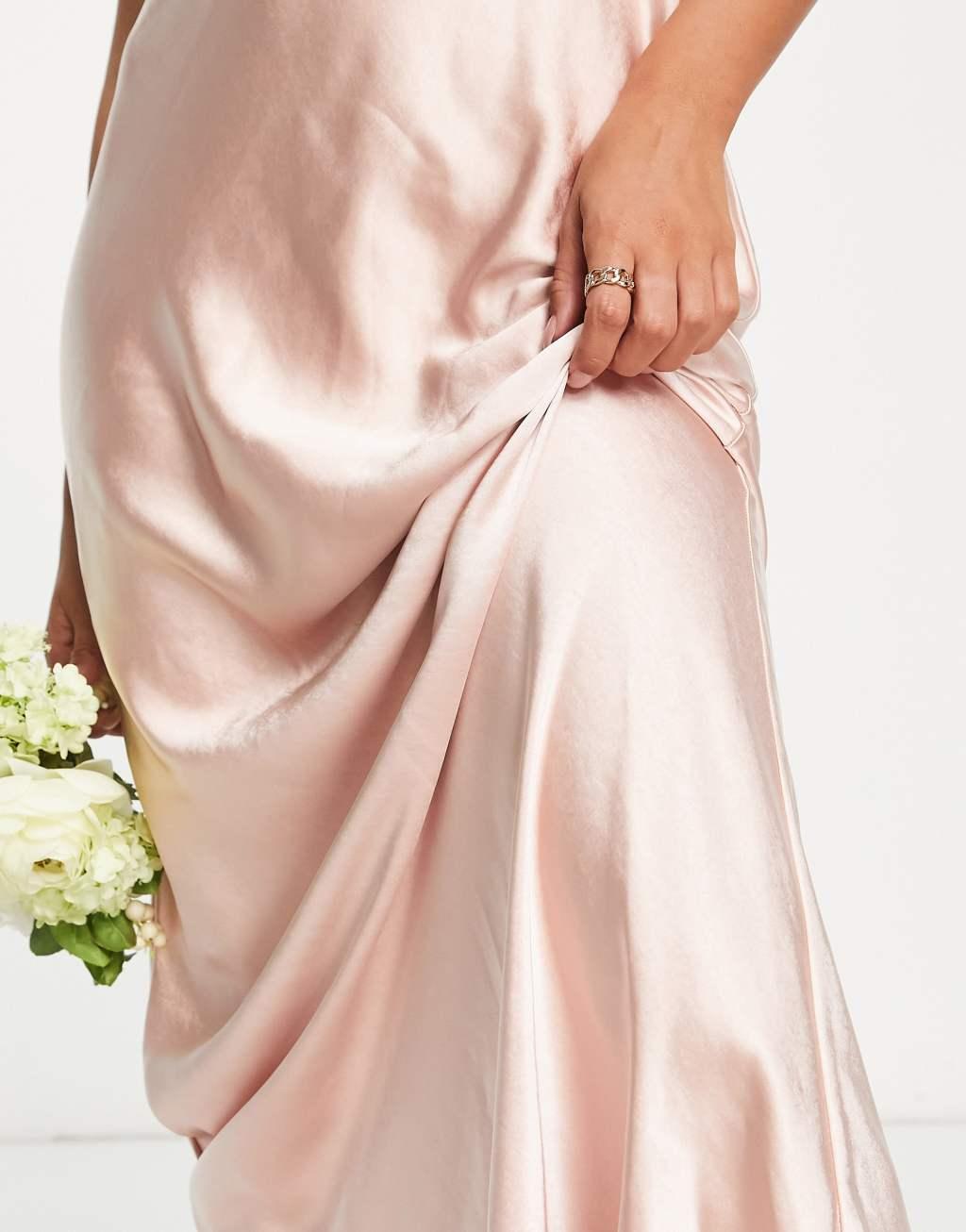 Pretty Lavish Bridesmaid Keisha cowl neck satin maxi dress in blush Product Image