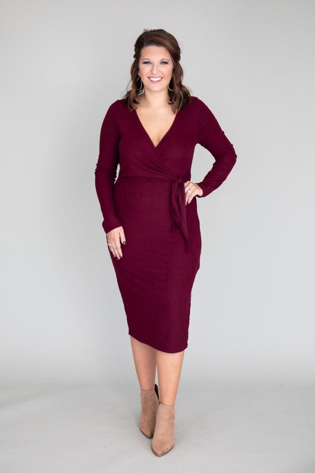 Daring Heart Ribbed Midi Burgundy Dress FINAL SALE Product Image