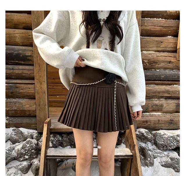 High Waist Plain Mini A-Line Pleated Skirt Product Image