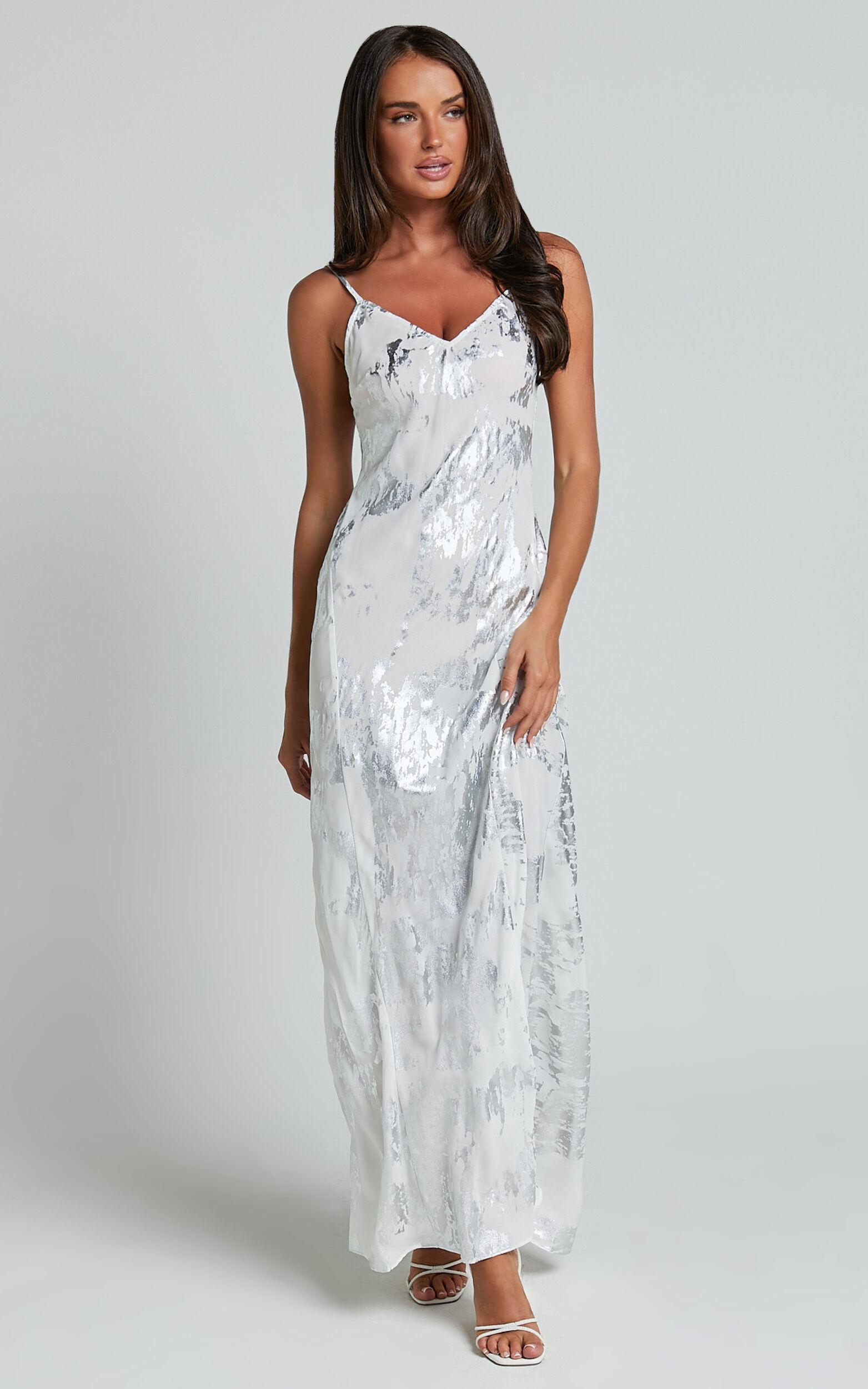 Robynne Maxi Dress - Strappy V Neck Slip Dress in White and Silver Product Image