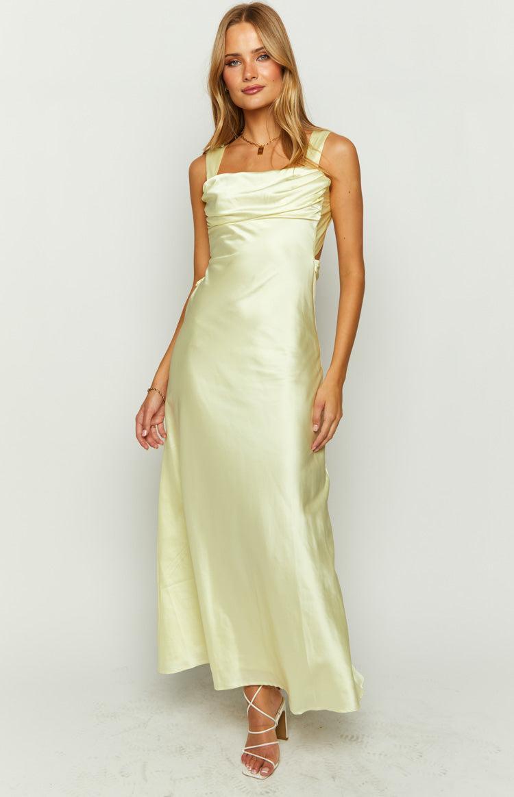 Laria Yellow Satin Formal Maxi Dress Product Image