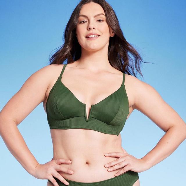 Womens Ribbed Longline V-Wire Bikini Top - Shade & Shore Dark Green 32C Product Image