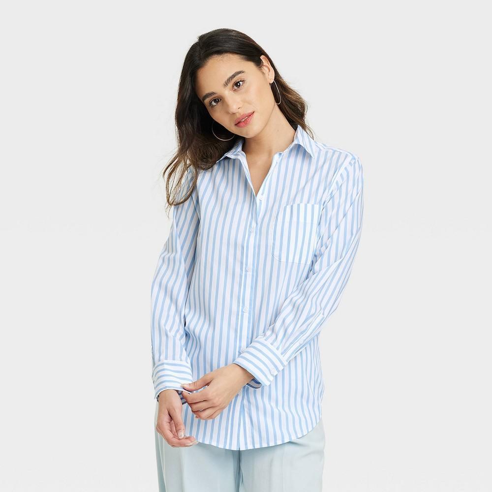 Womens Slim Fit Boyfriend Tailored Long Sleeve Button-Down Shirt - A New Day Blue/White Striped XS Product Image