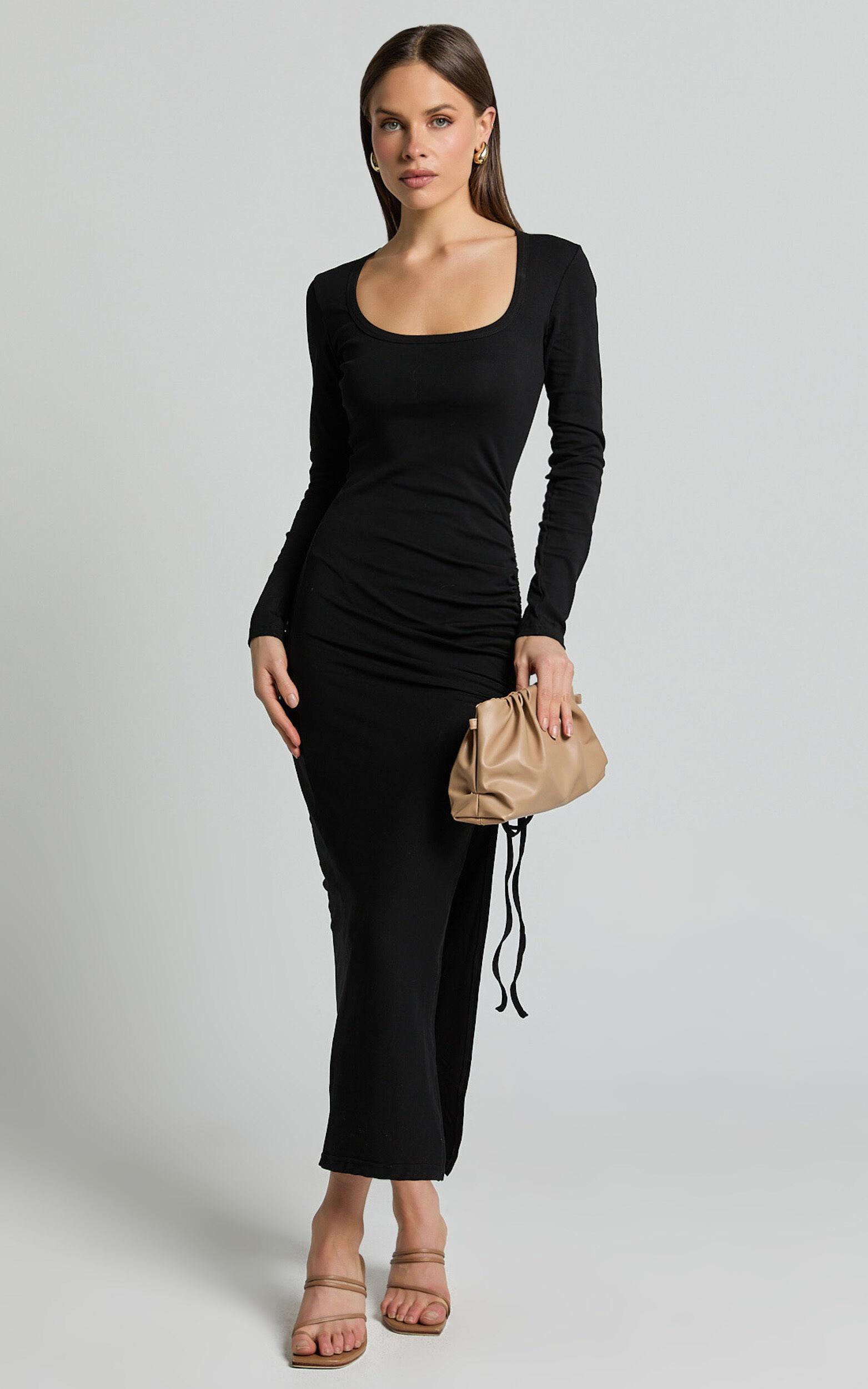 Harlow Midi Dress - Crew Neck Long Sleeve Ruched Side Split Dress in Black Product Image