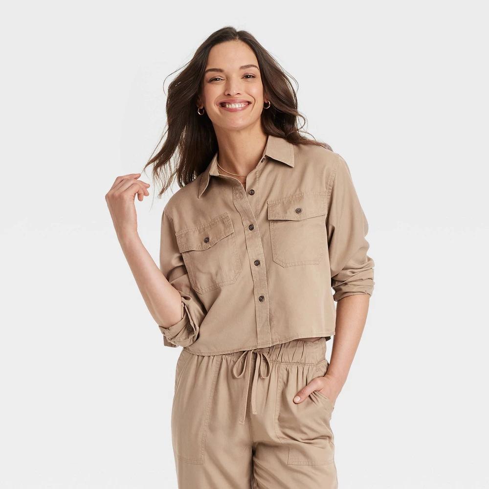 Womens Utility Long Sleeve Collared Button-Down Shirt - Universal Thread Tan XS Product Image