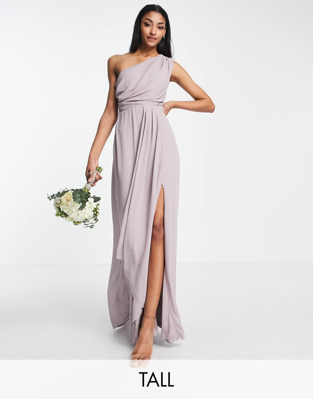 TFNC Tall Bridesmaid chiffon one shoulder drape maxi dress in lavender gray Product Image