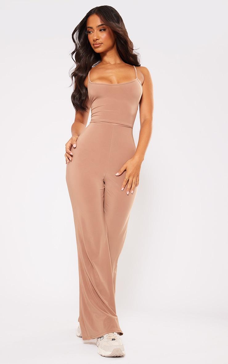 Petite Taupe Slinky Flared Jumpsuit Product Image