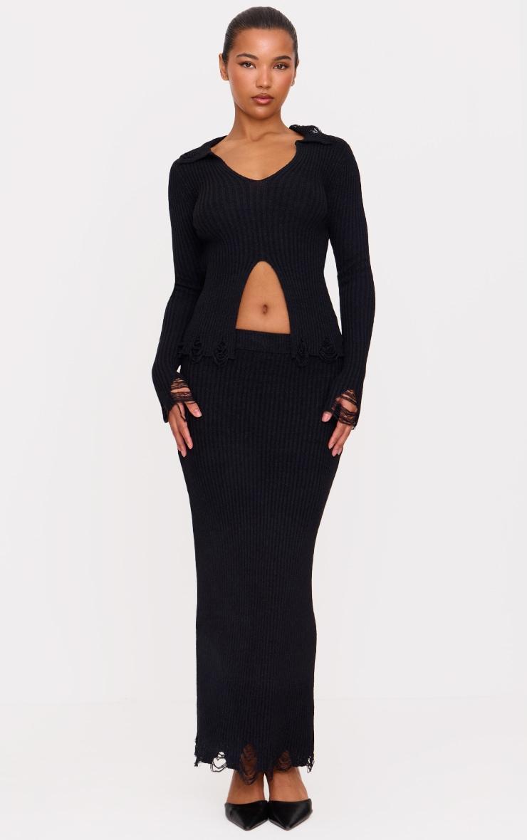 Black Ribbed Knit Distressed Hem Long Top Product Image