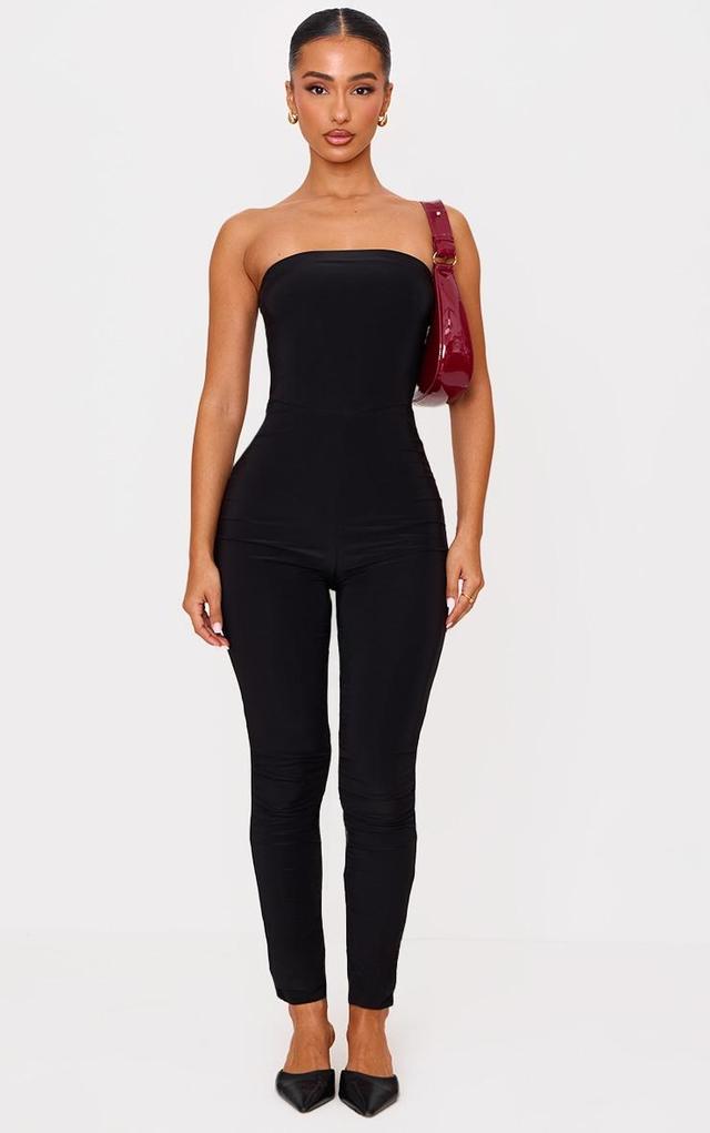 Petite Black Double Layer Bandeau Straight Leg Jumpsuit Product Image