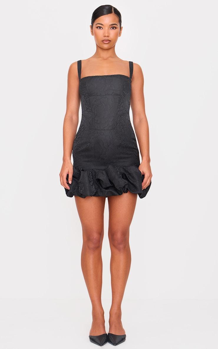 Black Jacquard Puff Ball Hem Mini Dress Product Image