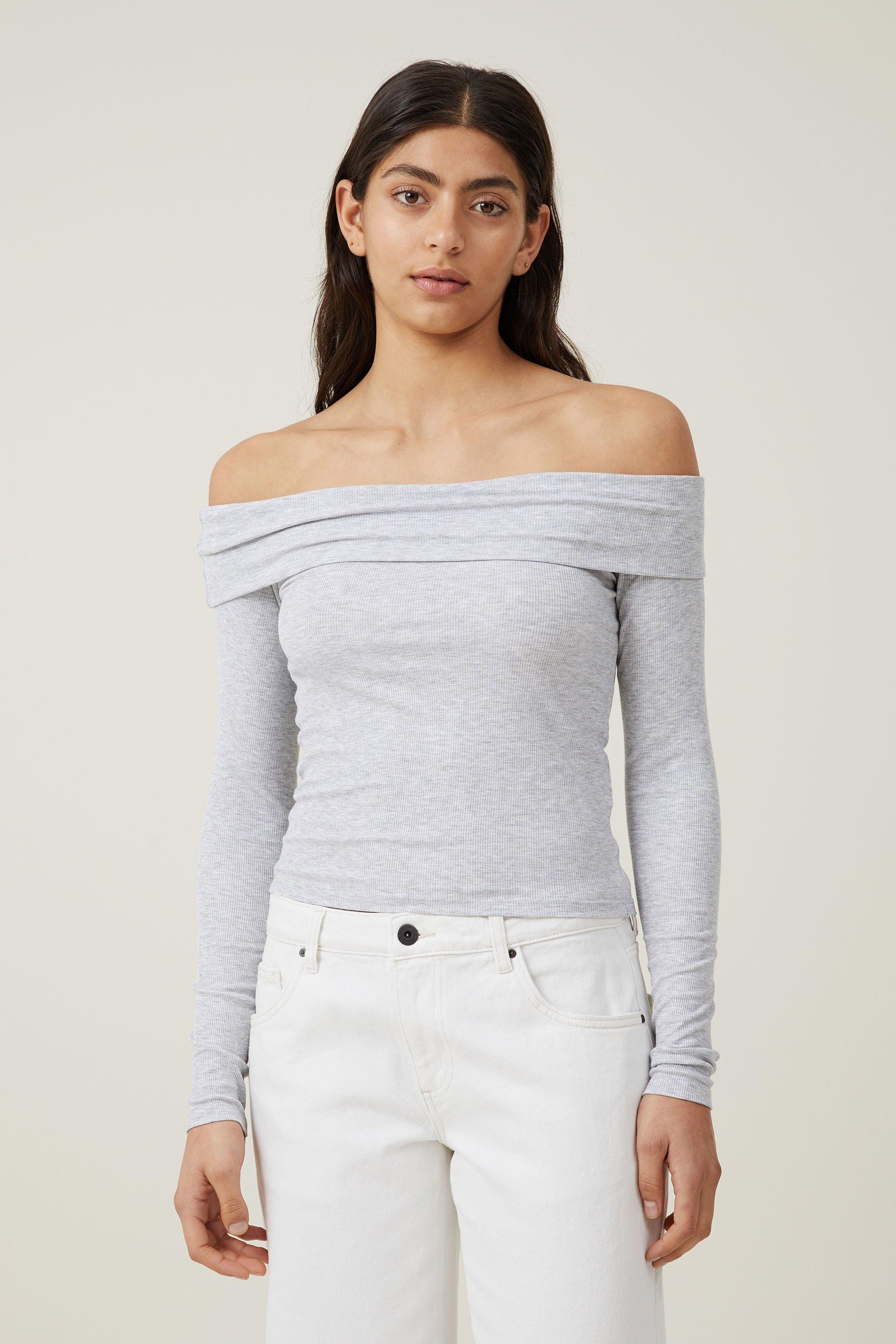 Cotton On Women - Staple Rib Off Shoulder Long Sleeve Top - Grey marle Product Image