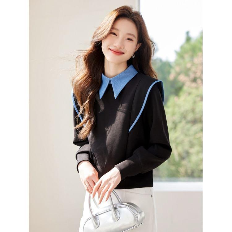 Collared Mock Two-Piece Contrast Trim Crop Pullover Product Image