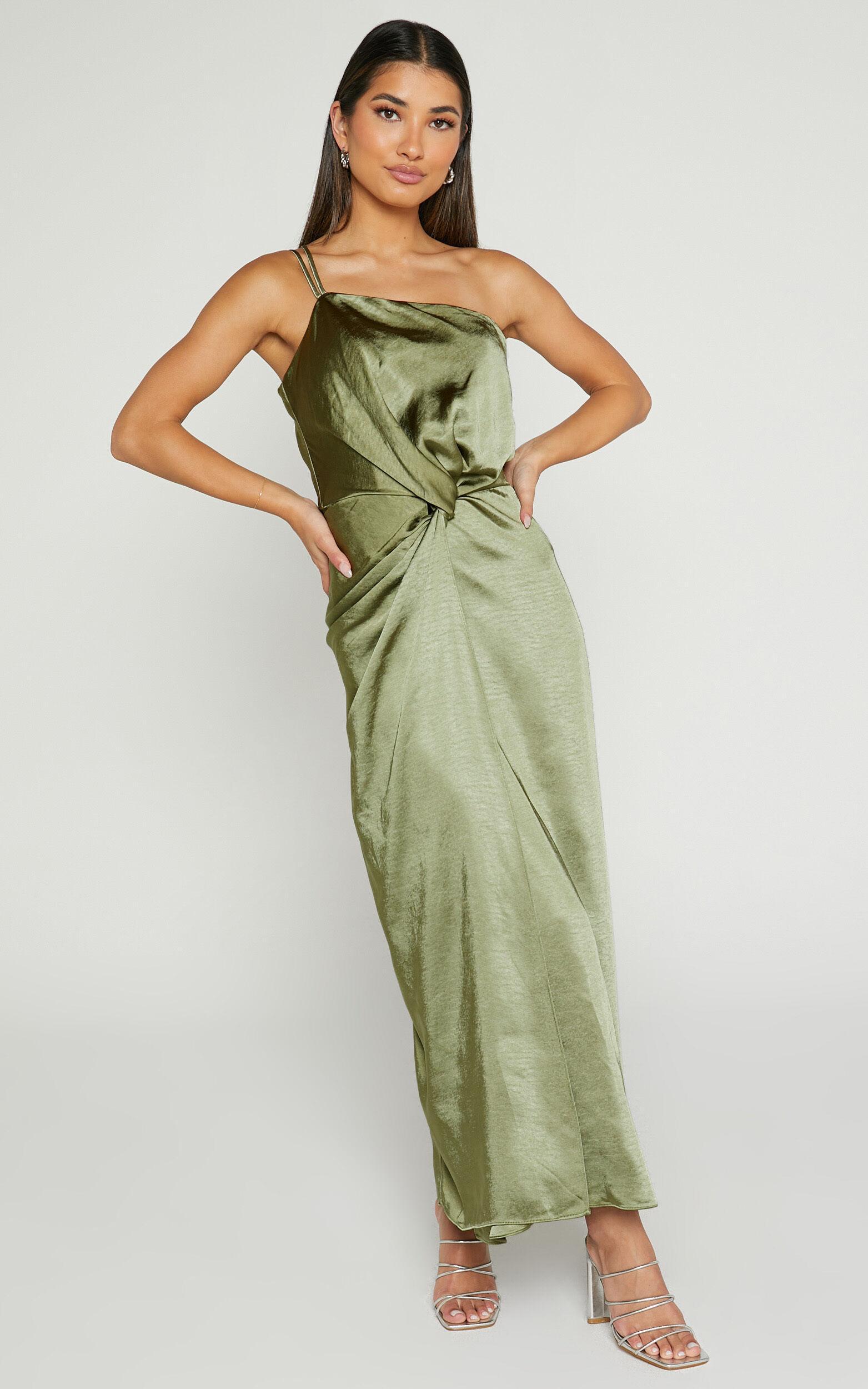 Estelle Midi Dress - One Shoulder Thigh Split Dress in Olive Product Image