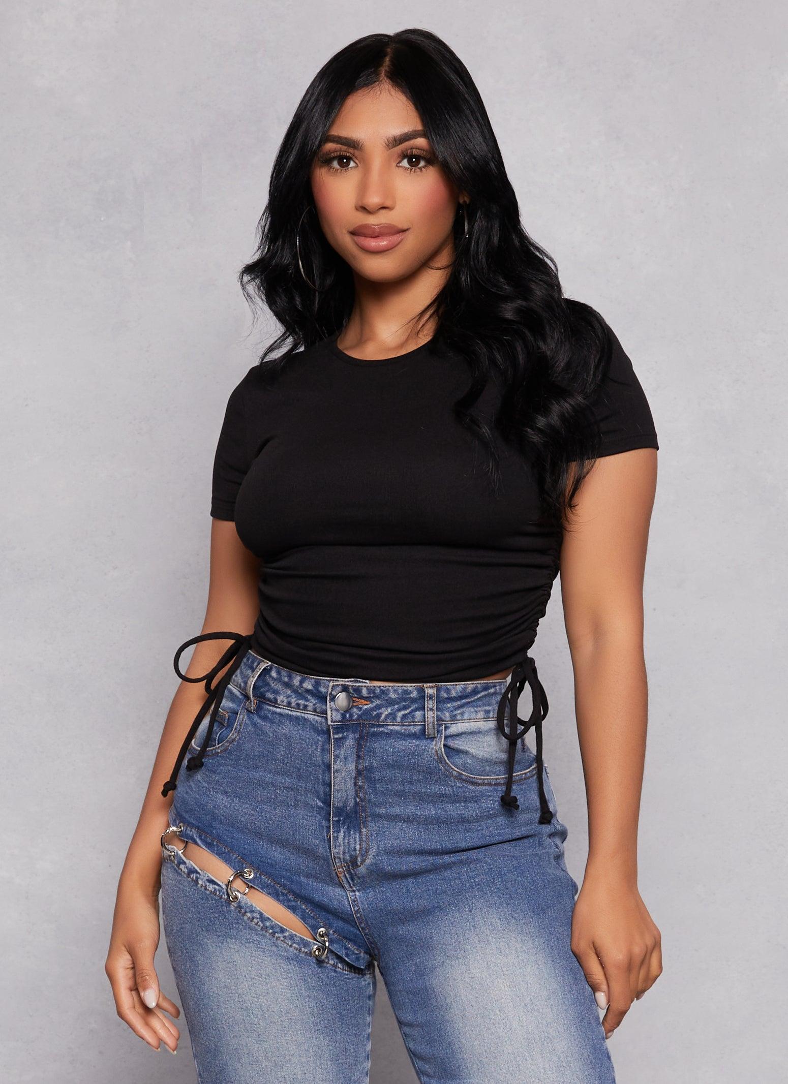 Womens Solid Crew Neck Ruched Side Crop Top product image