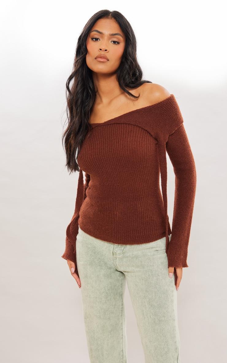 Tall Chocolate Knitted Long Sleeve Bardot Top Product Image