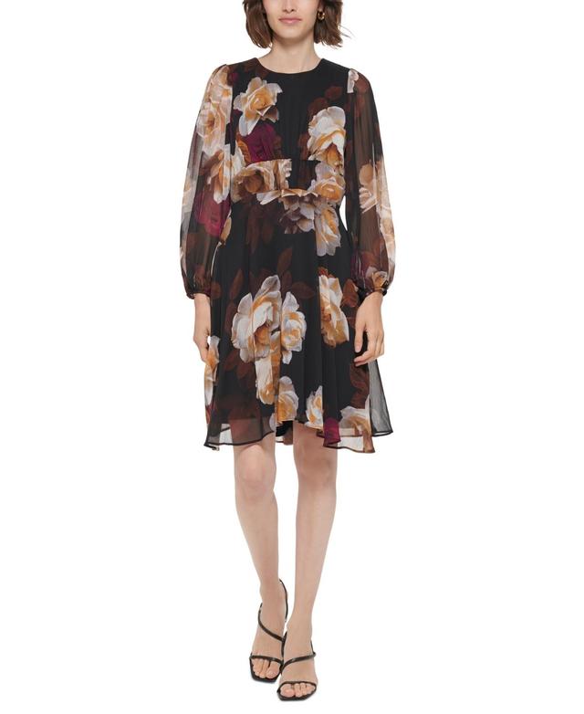 Calvin Klein Chiffon Floral Long Sleeve Shift (Persmn Multi) Women's Dress Product Image