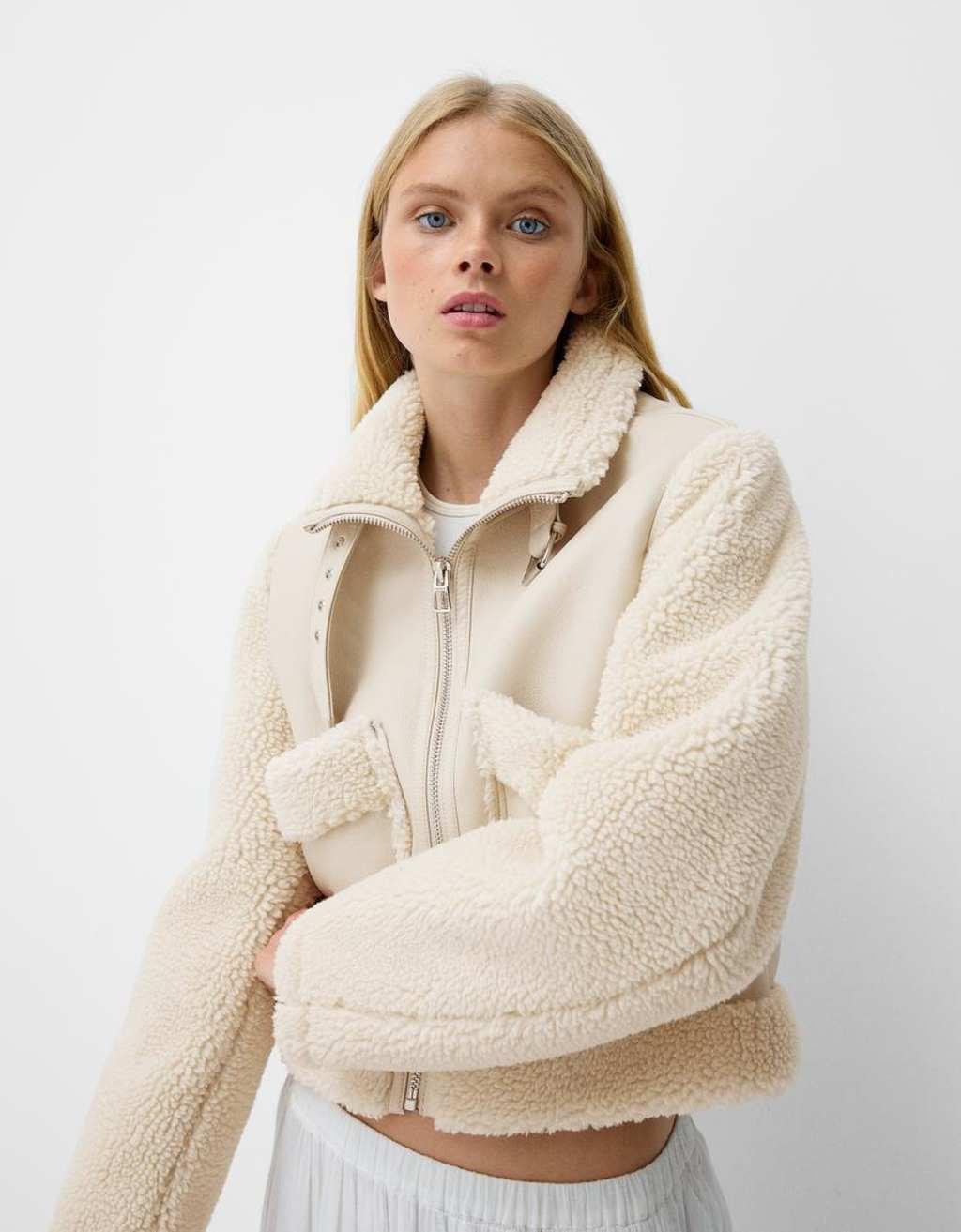 Bershka shearling and faux leather jacket in cream Product Image