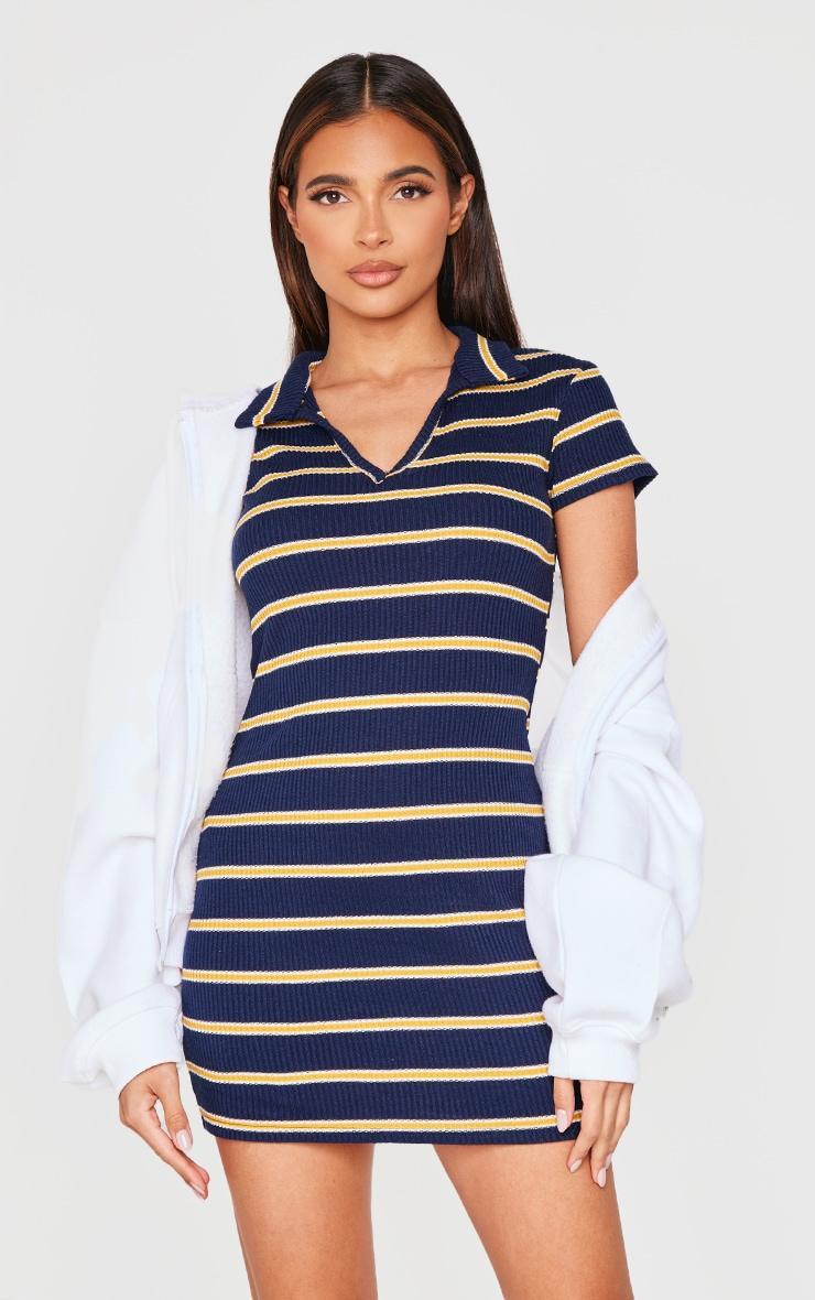 Navy Collar Striped Bodycon Dress Product Image