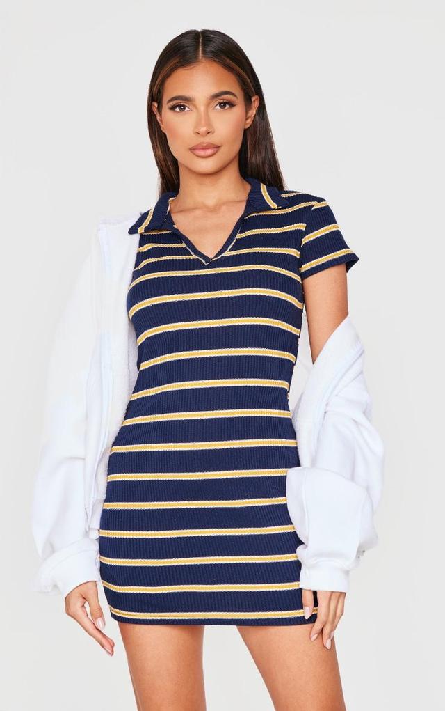 Navy Collar Striped Bodycon Dress Product Image