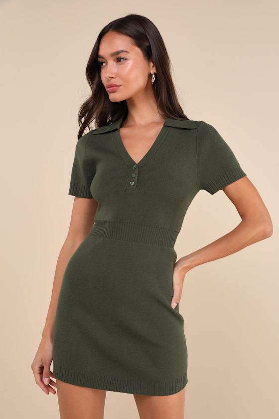 Calculated Charm Olive Green Collared Mini Sweater Dress Product Image