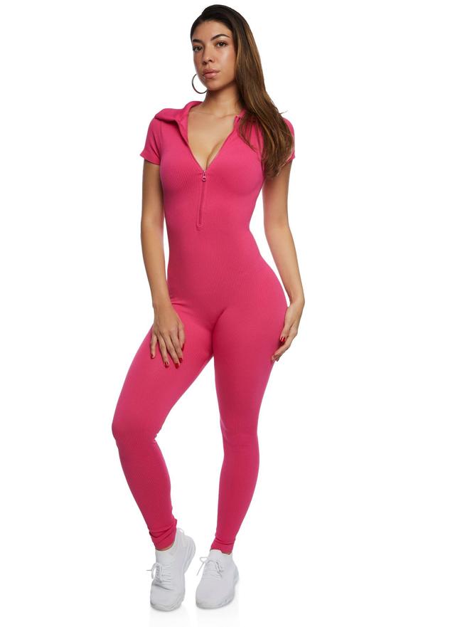 Womens Seamless Ribbed Collared Zip Front Jumpsuit Product Image