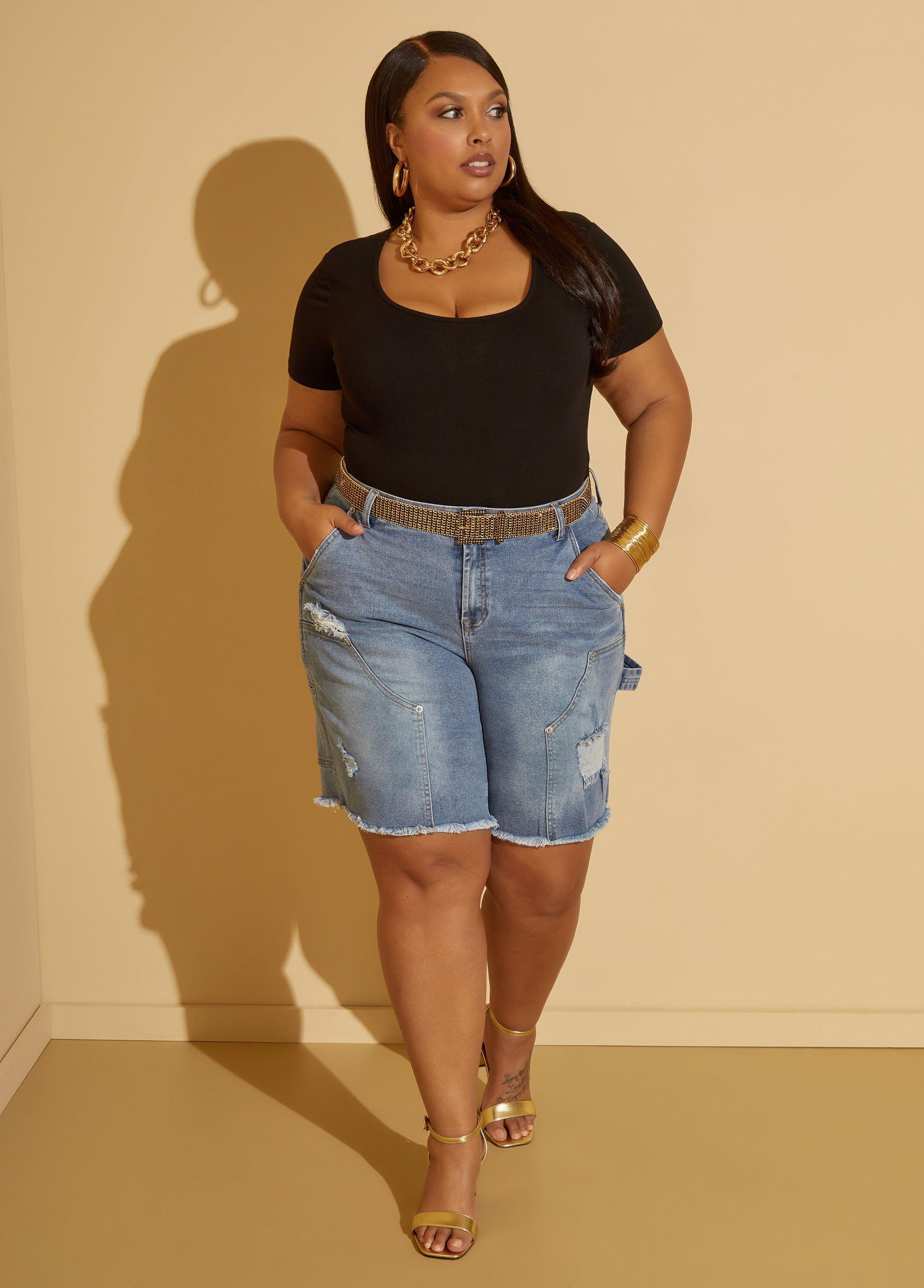 Plus Size Distressed Studded Denim Shorts Ashley Stewart product image