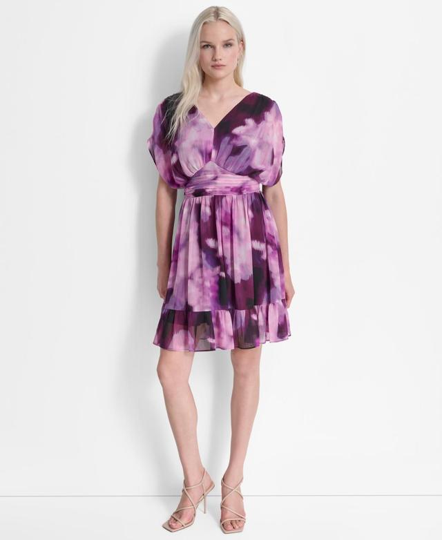 Dkny Womens Printed Ruched-Waist Blouson-Sleeve Dress Product Image