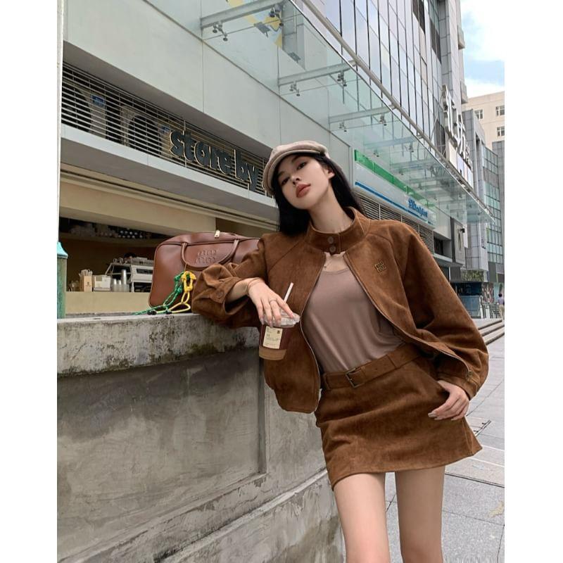 Stand Collar Plain Zip-Up Faux Suede Jacket / High Rise Mini Pencil Skirt / Belt / Set Product Image