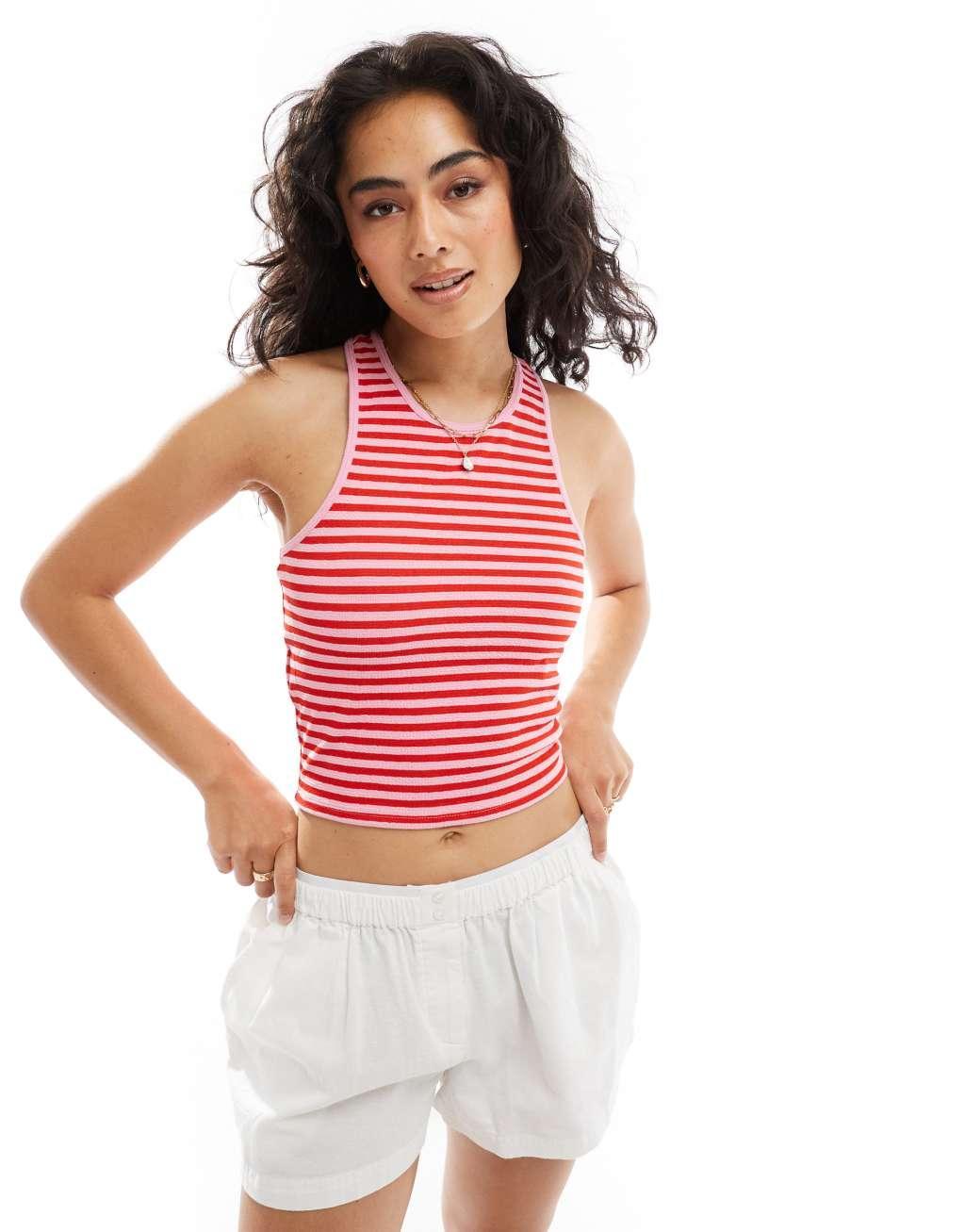 Mango stripe toweling tank top in pink and red Product Image