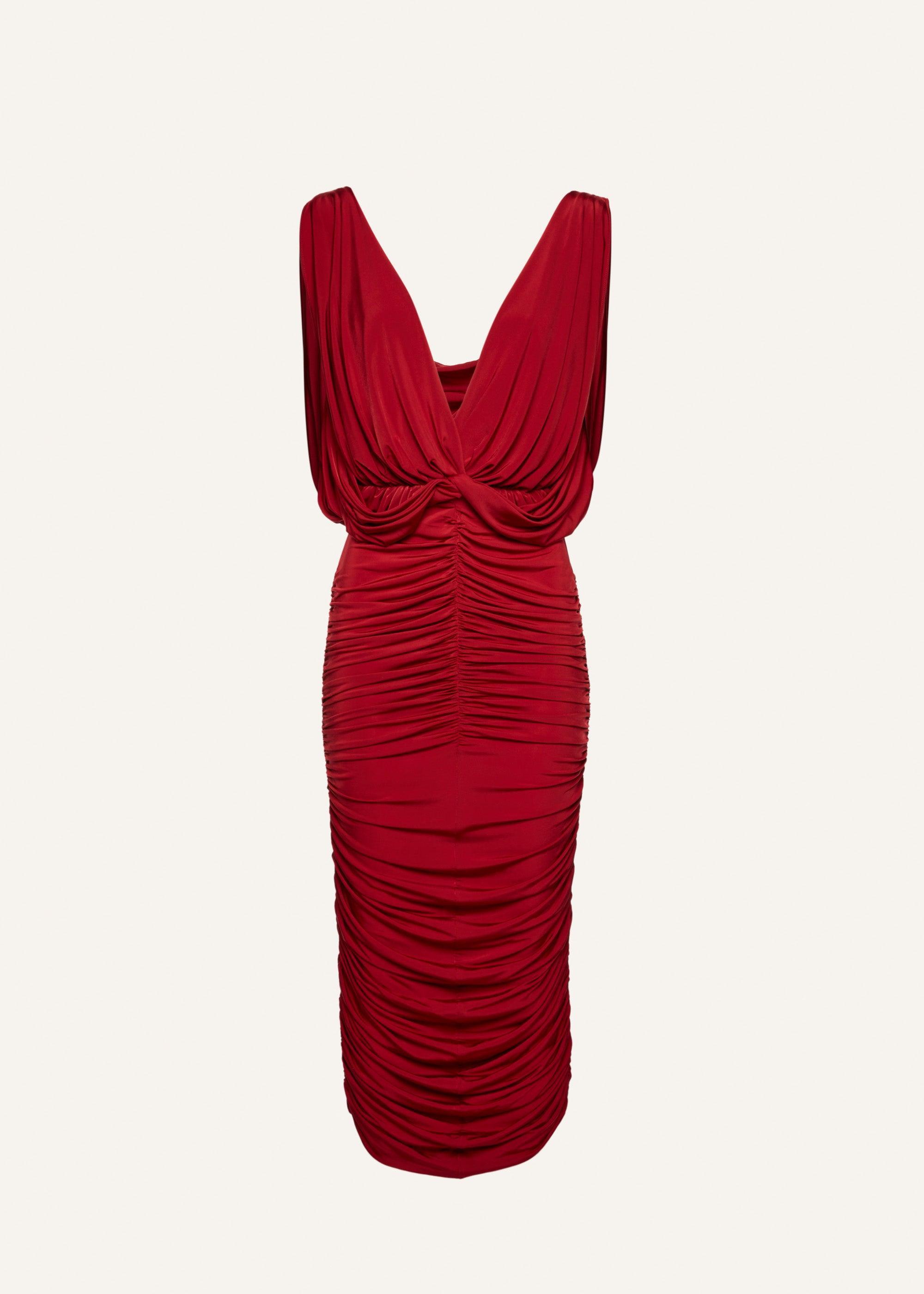 Ruched V-neck midi dress in red Product Image