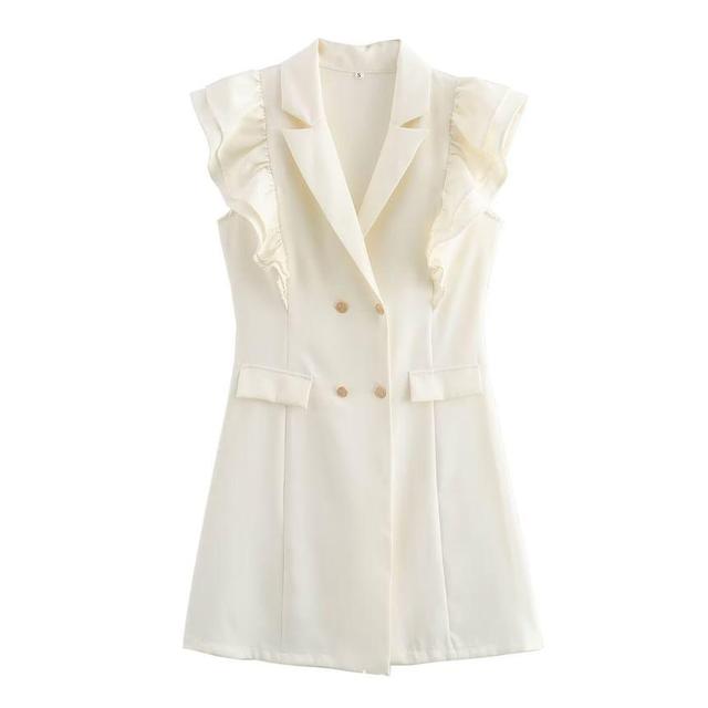 Sleeveless Plain Double-Breasted Ruffled Mini Blazer Dress Product Image