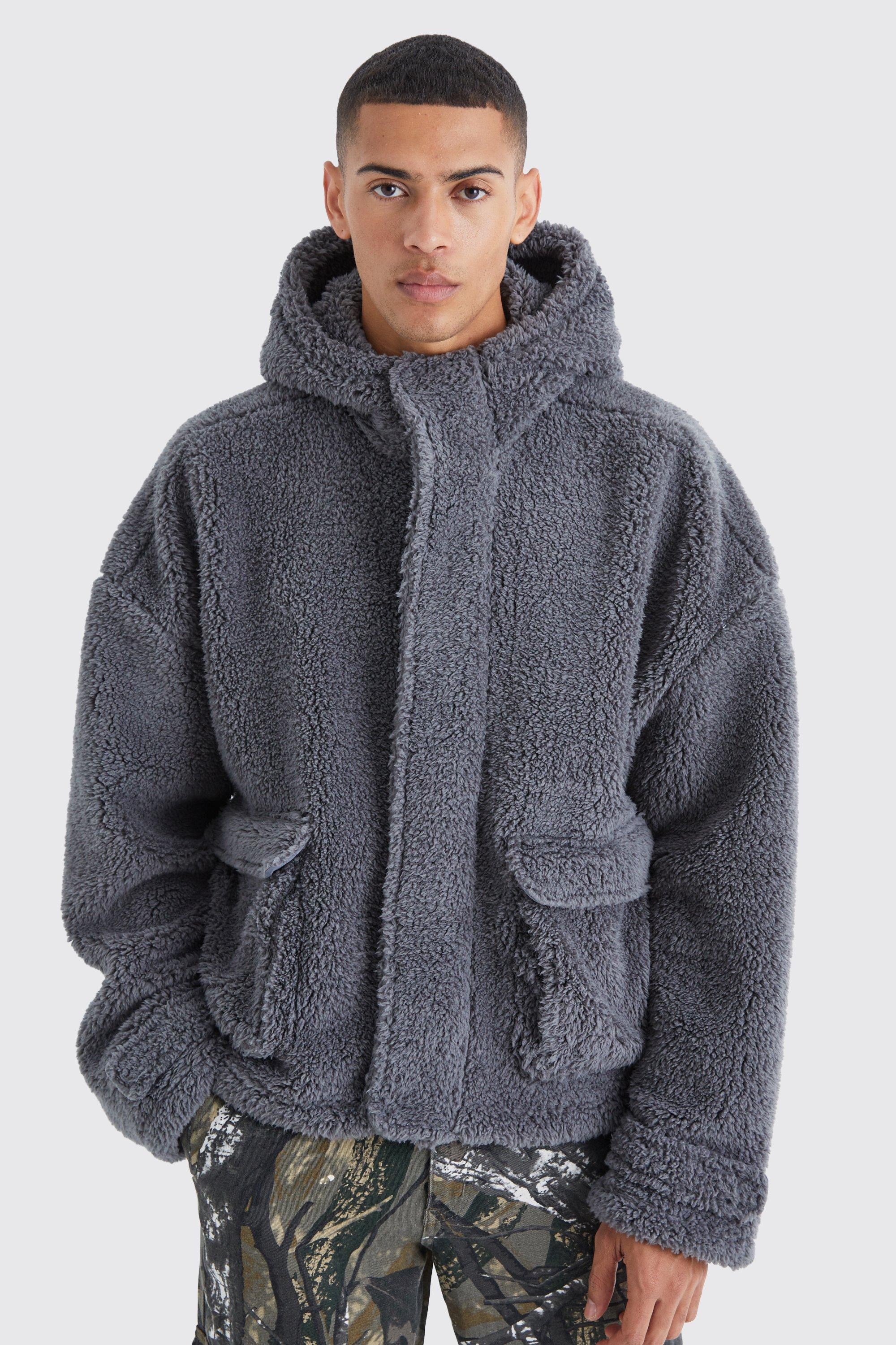 Mens Grey Oversized Boxy Boucle Borg Zip Thru Cargo Hoodie, Grey Product Image