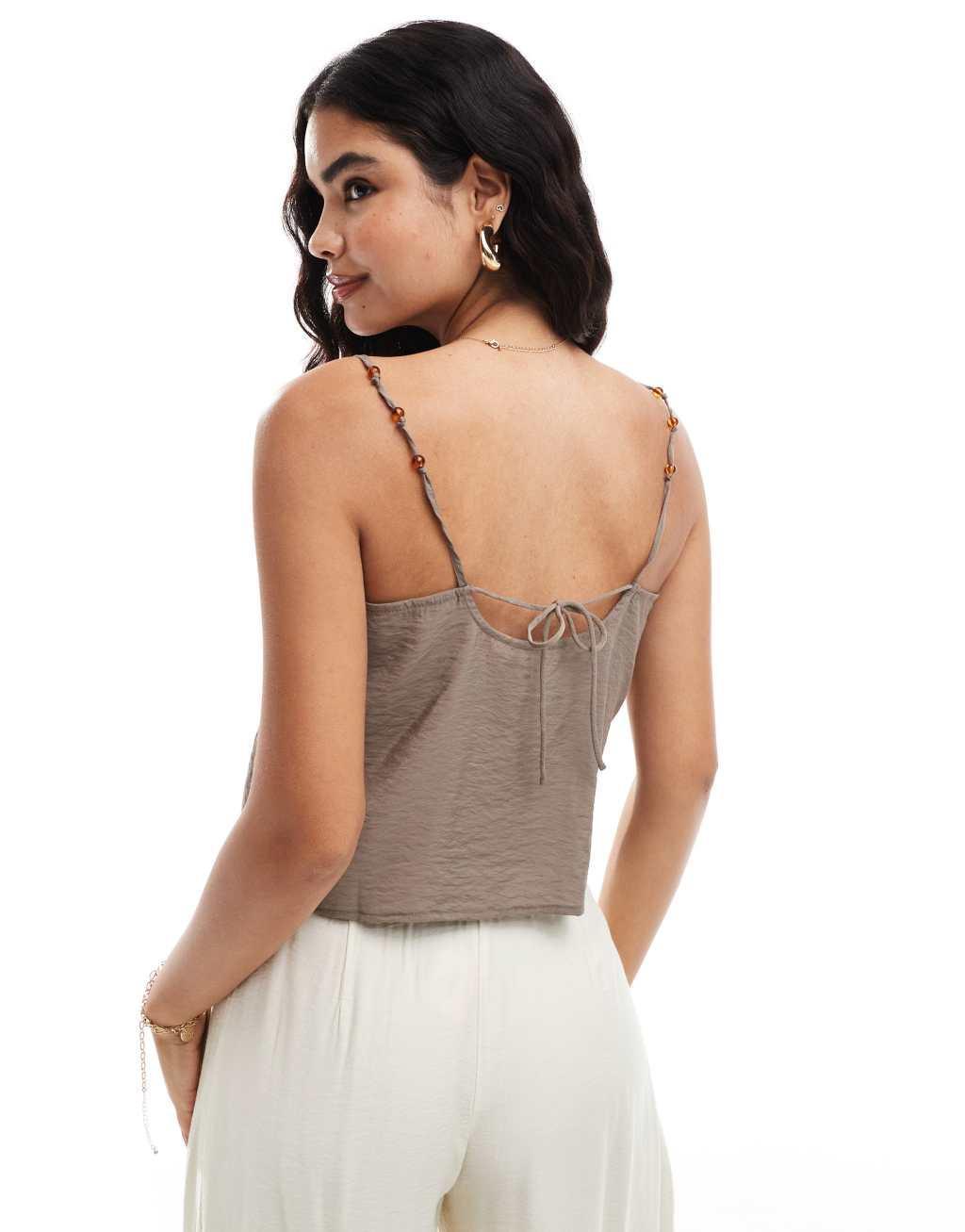 ONLY tie back bead detail top in taupe  Product Image