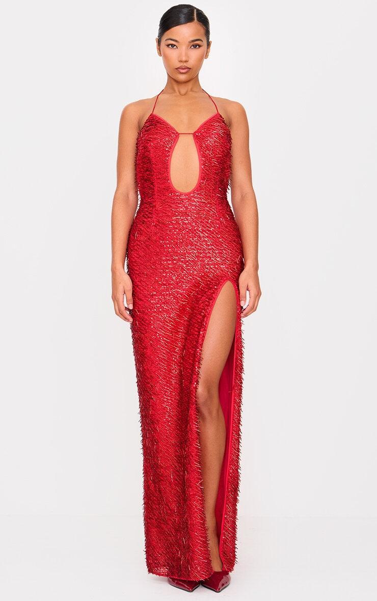 Red Sequin Cut Out Maxi Dress Product Image