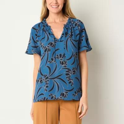 Liz Claiborne Womens Split Tie Neck Short Sleeve Blouse Product Image