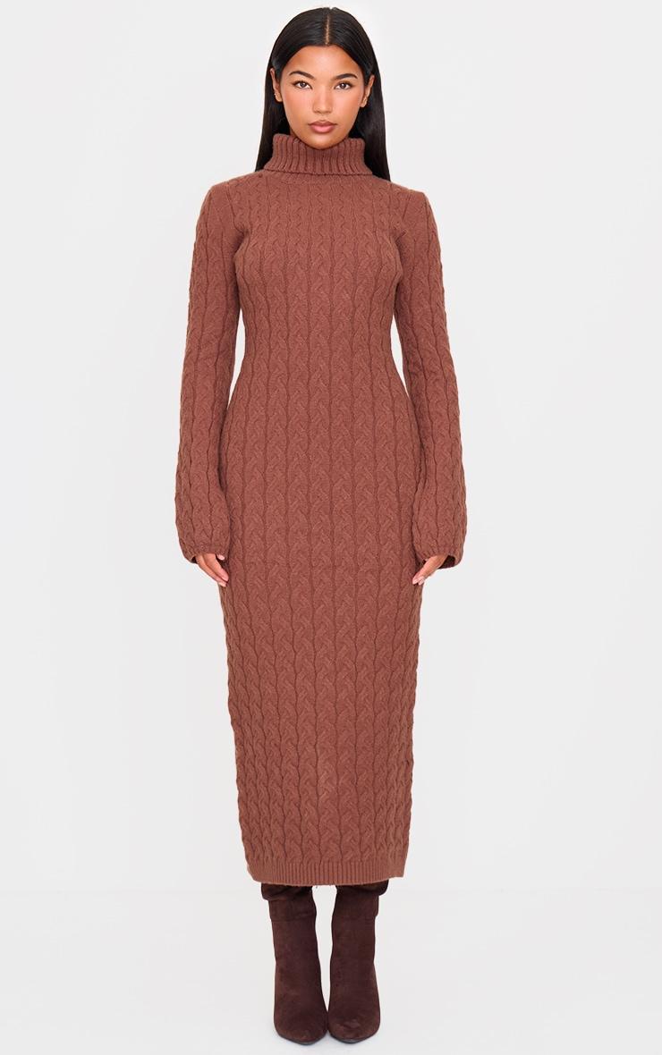 Cappuccino Chunky Cable Knit Roll Neck Maxi Sweater Dress Product Image