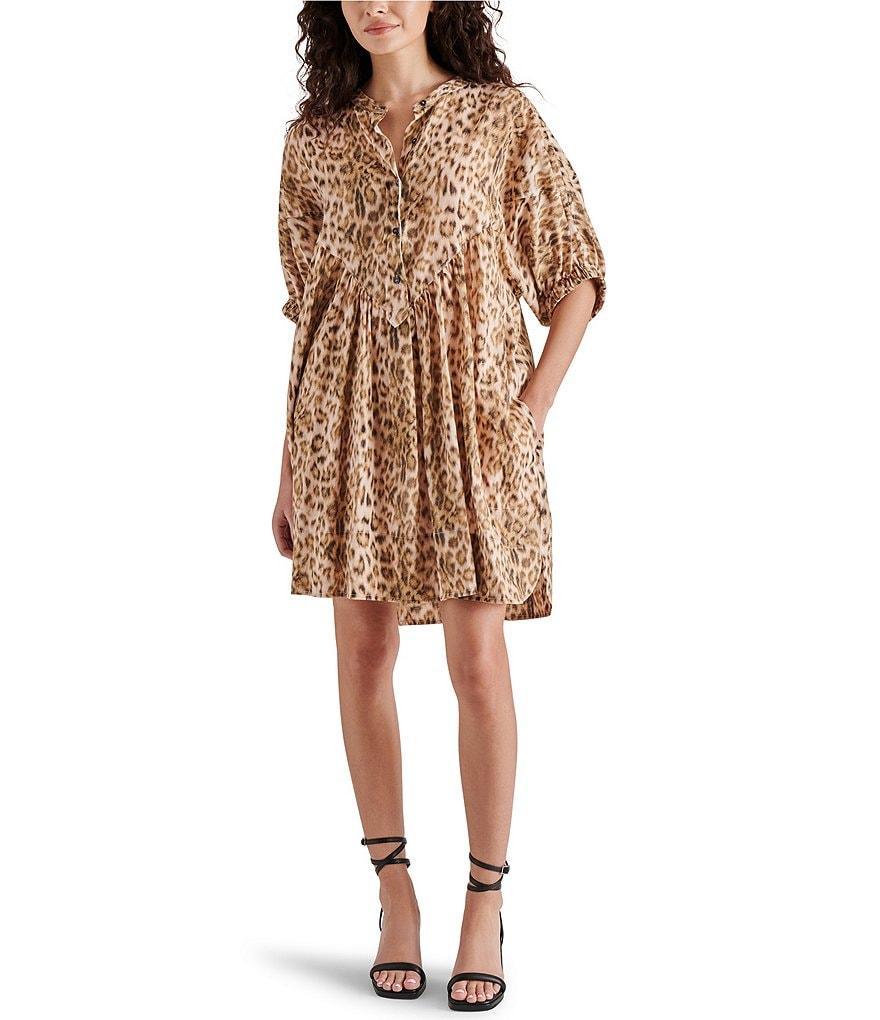 Steve Madden Ravena Leopard Split V-Neck Short Puff Sleeve Button Front Placket Side Pocket Babydoll Dress Product Image